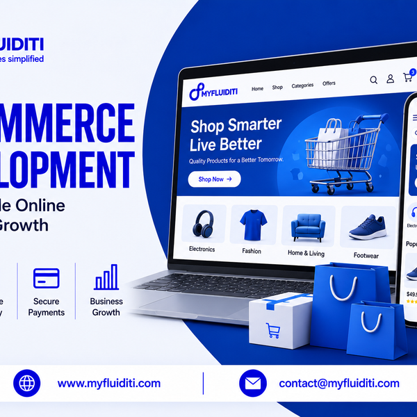 Responsive online shopping platform presented across a laptop and smartphone, accompanied by blue 3D shopping bags, a delivery parcel, and retail feature badges.