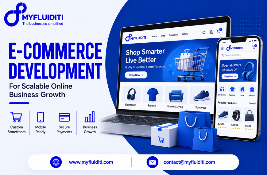Responsive online shopping platform presented across a laptop and smartphone, accompanied by blue 3D shopping bags, a delivery parcel, and retail feature badges.