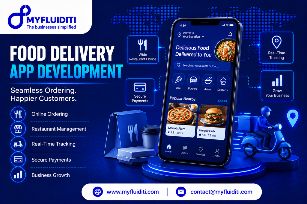 Smartphone showcasing a food ordering interface with pizza and burger listings, set beside takeout packaging, a coffee cup, and a 3D delivery courier riding a blue scooter.