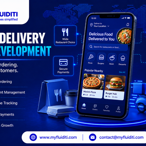 Smartphone showcasing a food ordering interface with pizza and burger listings, set beside takeout packaging, a coffee cup, and a 3D delivery courier riding a blue scooter.