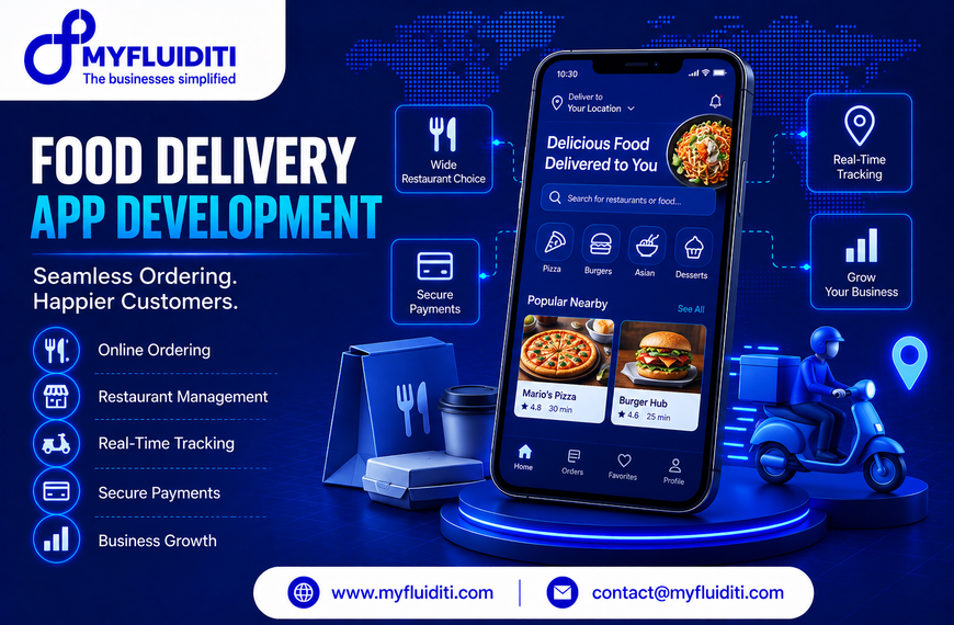 Smartphone showcasing a food ordering interface with pizza and burger listings, set beside takeout packaging, a coffee cup, and a 3D delivery courier riding a blue scooter.