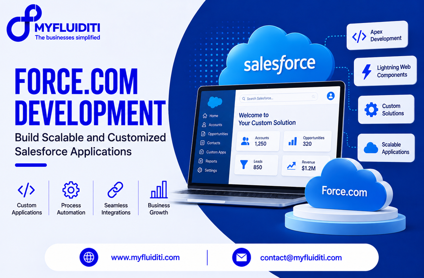 Laptop screen displaying a customized Salesforce business dashboard, backed by a large blue Salesforce cloud and paired with a 3D Force.com cloud icon on a circular pedestal.