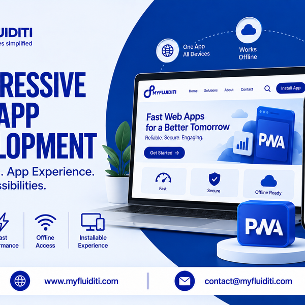 A laptop and smartphone both running an identical fast-loading web application, placed alongside a 3D "PWA" block badge and icons representing offline functionality and installable mobile experiences.
