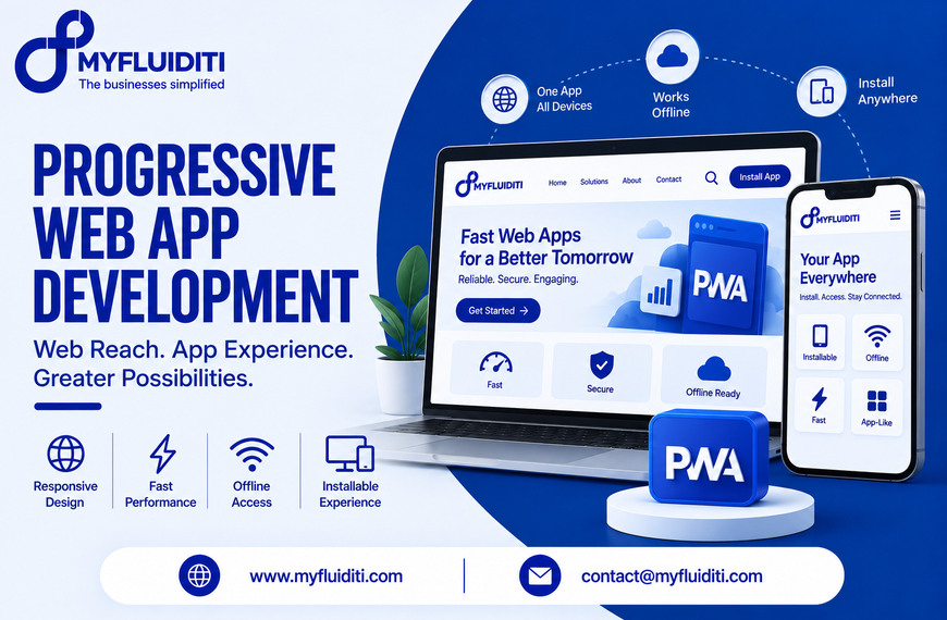A laptop and smartphone both running an identical fast-loading web application, placed alongside a 3D "PWA" block badge and icons representing offline functionality and installable mobile experiences.