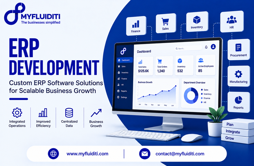 Desktop workstation showing a unified ERP business dashboard with live revenue metrics, inventory counts, and departmental charts, surrounded by modular tiles for finance, HR, manufacturing, and procurement.