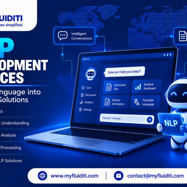 A laptop displaying an AI conversational interface alongside a futuristic white robot holding an "NLP" tablet, surrounded by glowing feature badges for sentiment analysis, text summarization, and language translation.