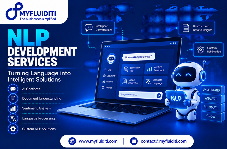 A laptop displaying an AI conversational interface alongside a futuristic white robot holding an "NLP" tablet, surrounded by glowing feature badges for sentiment analysis, text summarization, and language translation.