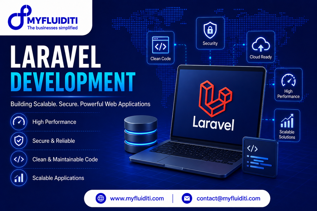 Laravel Development banner featuring a laptop display with the Laravel logo, highlighting core web development services like High Performance, Security, Clean Code, Cloud Ready, and Scalable Solutions by MYFLUIDITI.