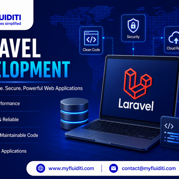 Laravel Development banner featuring a laptop display with the Laravel logo, highlighting core web development services like High Performance, Security, Clean Code, Cloud Ready, and Scalable Solutions by MYFLUIDITI.