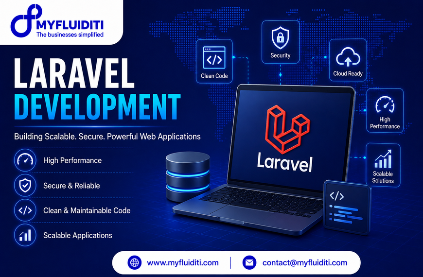 Laravel Development banner featuring a laptop display with the Laravel logo, highlighting core web development services like High Performance, Security, Clean Code, Cloud Ready, and Scalable Solutions by MYFLUIDITI.
