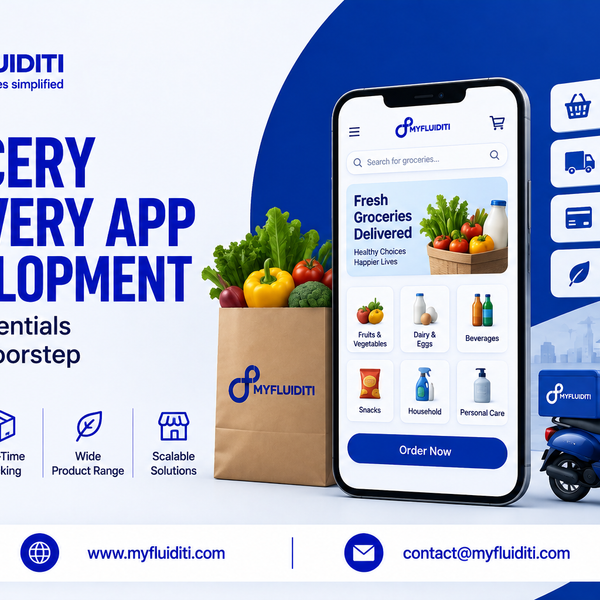 A smartphone displaying a fresh grocery shopping app interface next to a brown paper grocery bag filled with fresh produce and a blue delivery scooter with a cargo box on a route map background.
