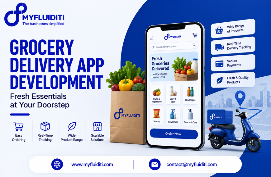 A smartphone displaying a fresh grocery shopping app interface next to a brown paper grocery bag filled with fresh produce and a blue delivery scooter with a cargo box on a route map background.