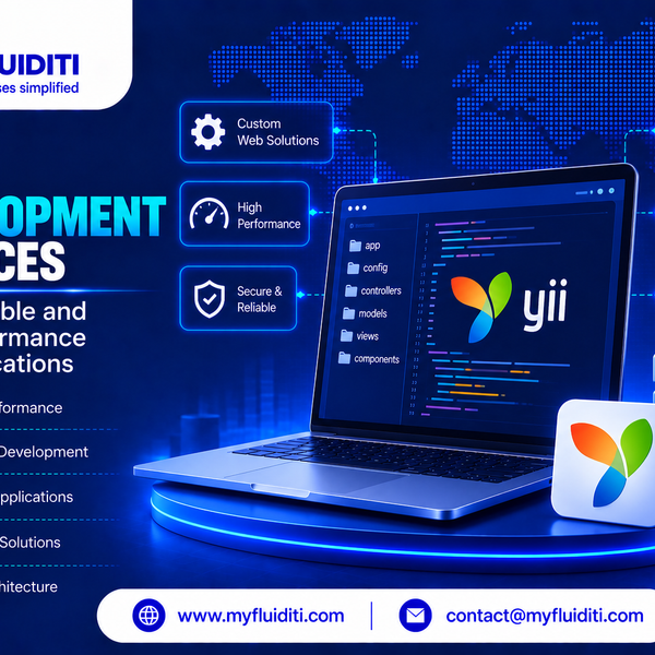 A laptop displaying lines of source code alongside the colorful Yii framework logo, accompanied by server stacks, a cloud icon, and a standalone 3D Yii application badge on an illuminated podium.