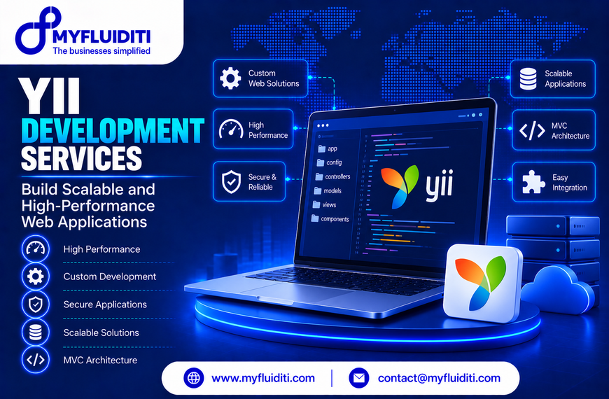 A laptop displaying lines of source code alongside the colorful Yii framework logo, accompanied by server stacks, a cloud icon, and a standalone 3D Yii application badge on an illuminated podium.