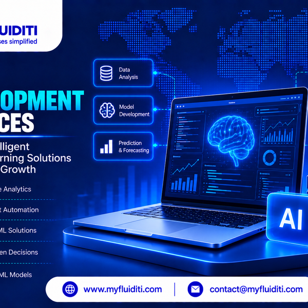 Laptop screen showcasing an AI data visualization dashboard with a glowing digital brain, placed beside an "AI" badge and server units on a blue background.