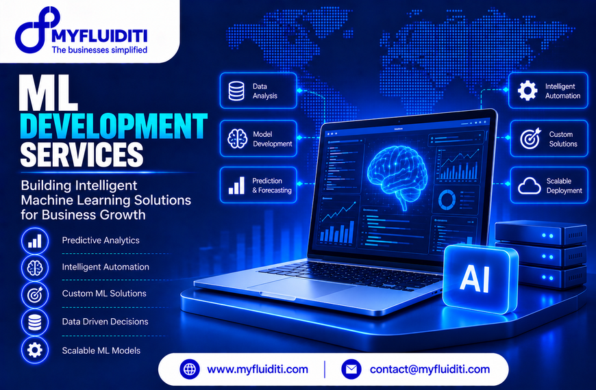 Laptop screen showcasing an AI data visualization dashboard with a glowing digital brain, placed beside an "AI" badge and server units on a blue background.