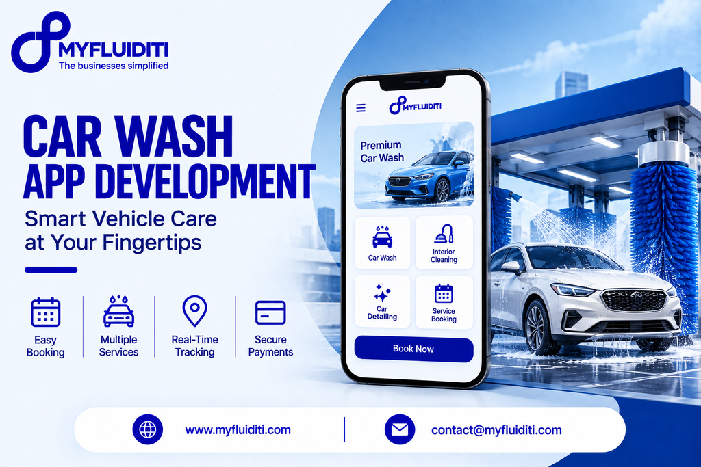 Smartphone displaying a car wash booking mobile application, set in front of an automated drive-through car wash facility spraying water onto a clean white SUV.