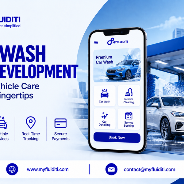 Smartphone displaying a car wash booking mobile application, set in front of an automated drive-through car wash facility spraying water onto a clean white SUV.