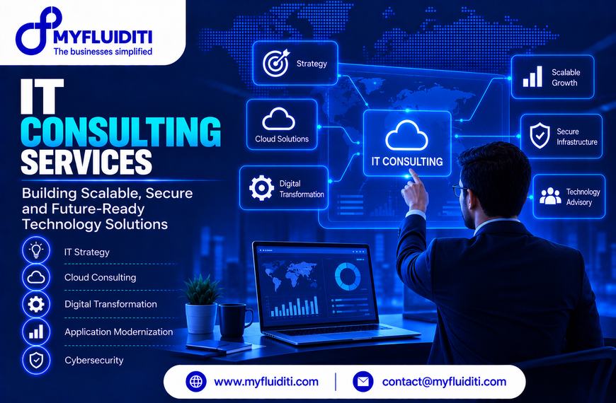 An IT consultant in a suit points toward a virtual cloud interface at a modern desk with an analytics laptop and blue digital tech network nodes.