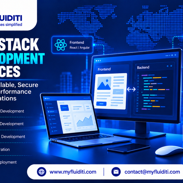 Developer workstation featuring a laptop displaying an analytics UI next to a desktop monitor splitting frontend layout design and backend code, backed by glowing tech stack badges for React, Node.js, databases, and cloud deployment.