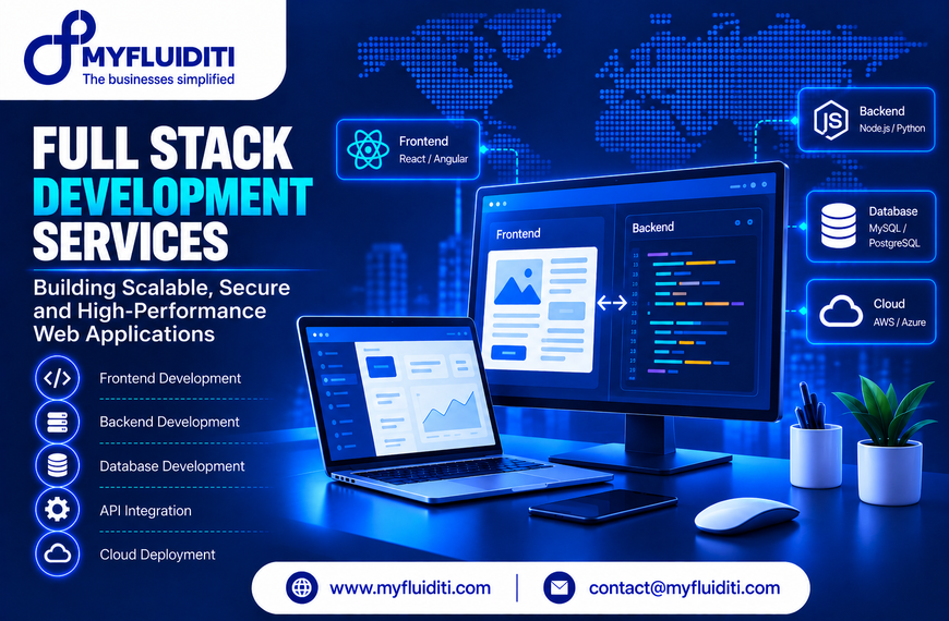 Developer workstation featuring a laptop displaying an analytics UI next to a desktop monitor splitting frontend layout design and backend code, backed by glowing tech stack badges for React, Node.js, databases, and cloud deployment.
