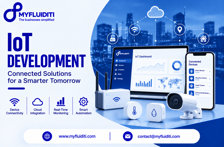 Laptop and smartphone displaying an IoT telemetry dashboard alongside smart hardware—including a wireless router, environmental sensors, and a security camera—set against an interconnected smart city backdrop.