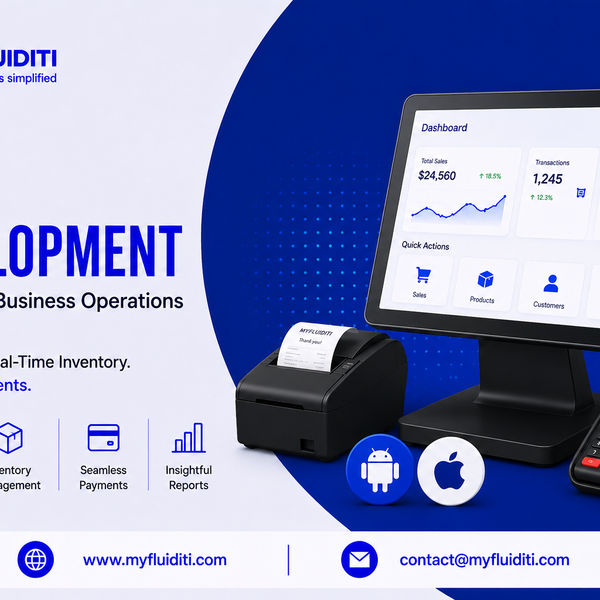POS Development banner by MYFLUIDITI showing a point-of-sale touch screen terminal with analytics dashboard, a receipt printer, a wireless payment card reader, and icons for Android and Apple platforms.