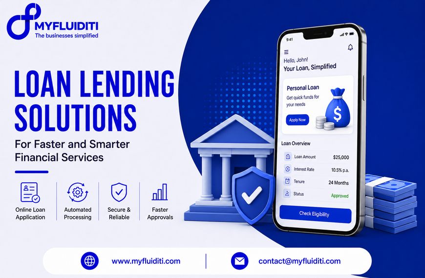 A Loan Lending Solutions banner by MYFLUIDITI featuring a smartphone displaying a personal loan app interface next to a 3D bank icon, a security shield, and stacked cash blocks.