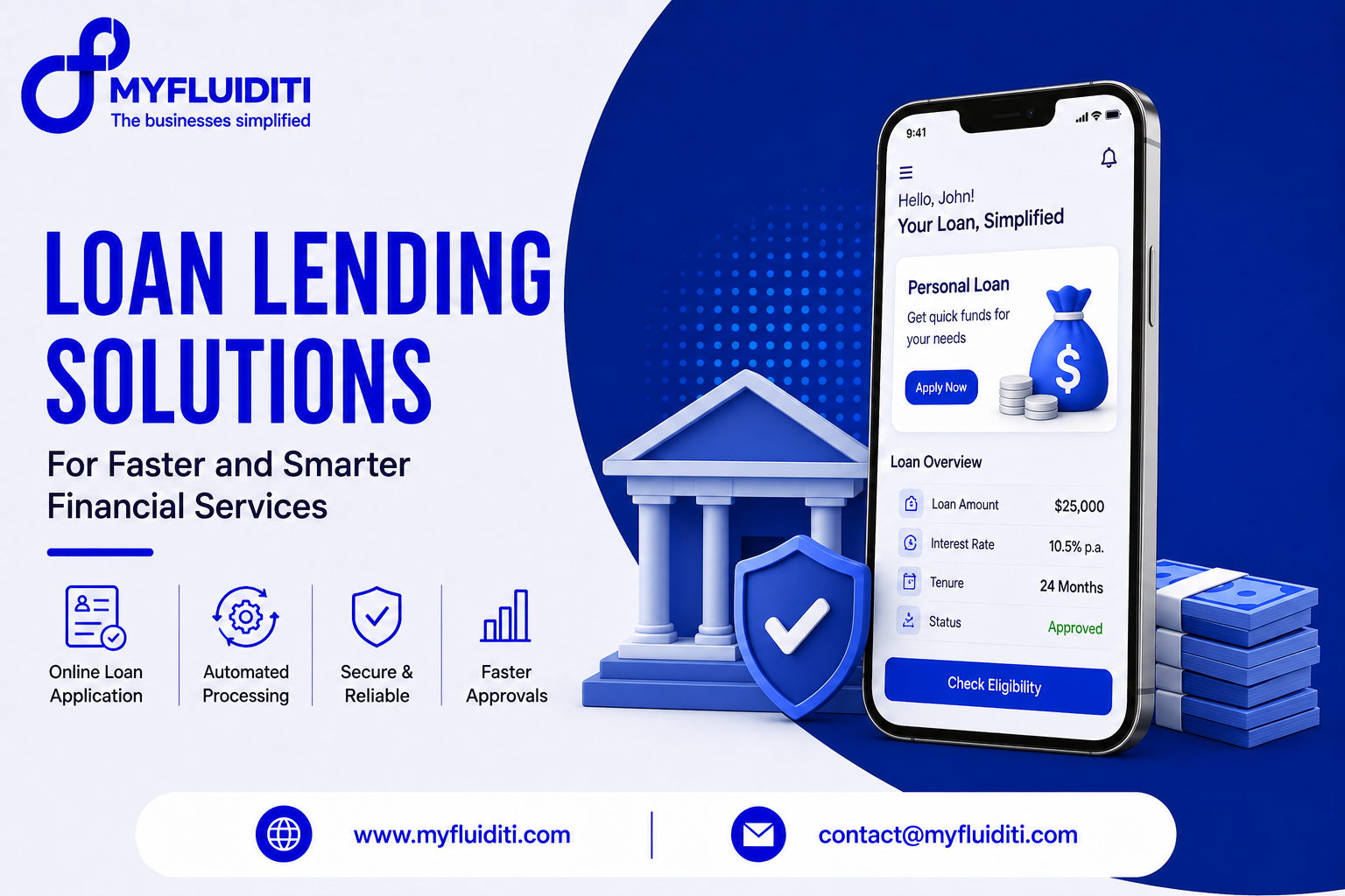 A Loan Lending Solutions banner by MYFLUIDITI featuring a smartphone displaying a personal loan app interface next to a 3D bank icon, a security shield, and stacked cash blocks.