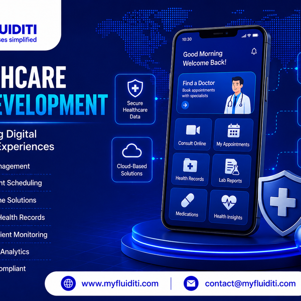A 3D marketing graphic for MYFLUIDITI titled "HEALTHCARE APP DEVELOPMENT: Transforming Digital Healthcare Experiences." The image features a smartphone mockup displaying a telemedicine healthcare app UI with a doctor profile card and six service tiles (Consult Online, My Appointments, Health Records, Lab Reports, Medications, Health Insights) standing on a glowing blue pedestal next to a 3D medical cross shield, a glossy blue heart with an ECG pulse line, five surrounding architecture nodes, and seven key capability badges on the left.
