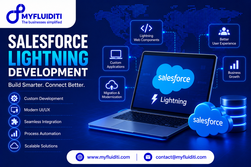 Open laptop presenting the Salesforce Lightning emblem on its screen, surrounded by glowing tech icons representing custom applications, migration, and business analytics against a dark blue grid background.
