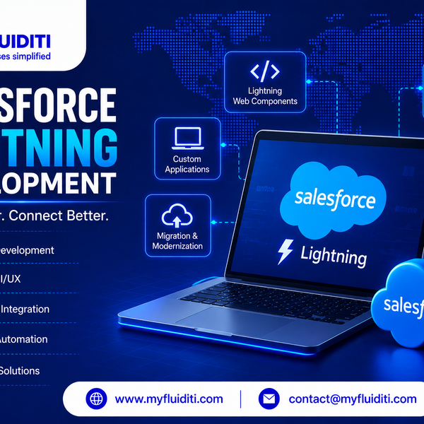 Open laptop presenting the Salesforce Lightning emblem on its screen, surrounded by glowing tech icons representing custom applications, migration, and business analytics against a dark blue grid background.