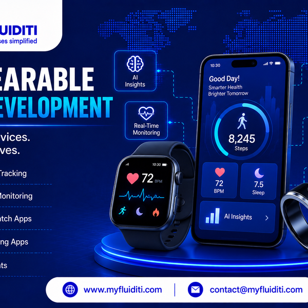 A black smartwatch showing heart rate data, a smartphone displaying a health tracking interface, and a sleek smart ring sitting on a blue podium against a dark digital map background.