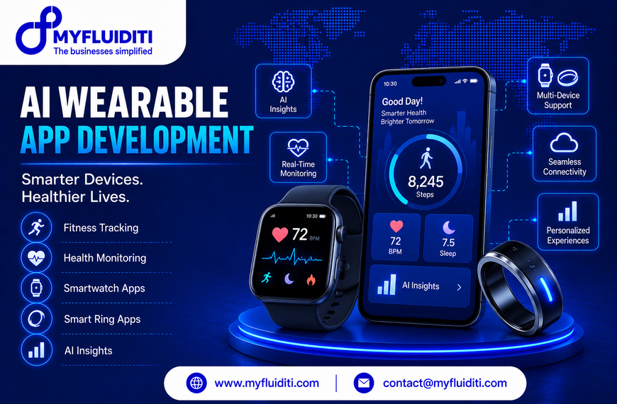 A black smartwatch showing heart rate data, a smartphone displaying a health tracking interface, and a sleek smart ring sitting on a blue podium against a dark digital map background.