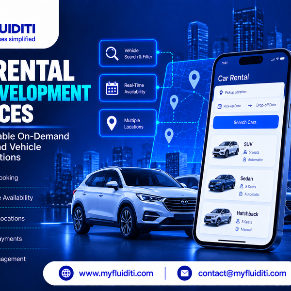 Smartphone showing a car rental booking app featuring SUV, Sedan, and Hatchback options, positioned in front of a white modern SUV and a blue digital map with location pins against a city skyline.