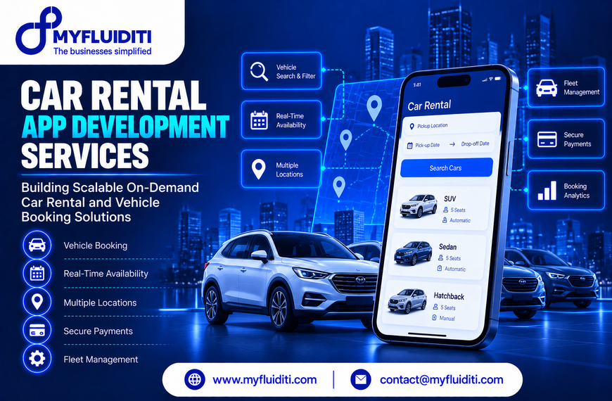 Smartphone showing a car rental booking app featuring SUV, Sedan, and Hatchback options, positioned in front of a white modern SUV and a blue digital map with location pins against a city skyline.