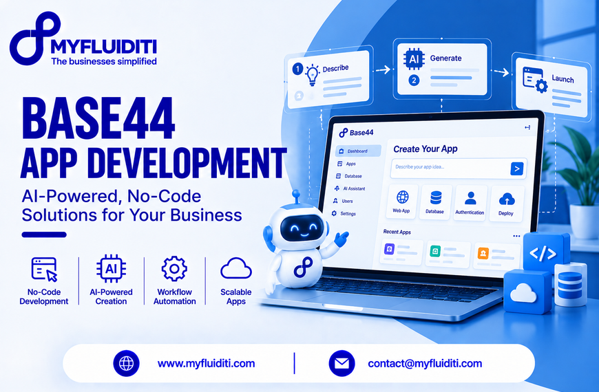 Laptop showing the Base44 no-code development dashboard beside a small friendly robot mascot, flanked by 3D code and database cubes under floating process steps for Describe, Generate, and Launch