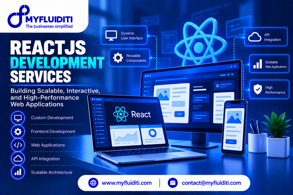 Developer workstation setup with a laptop, desktop monitor, and smartphone displaying responsive React UI dashboards, beside a pen holder and potted plant in front of a glowing 3D React atom logo and network feature nodes.