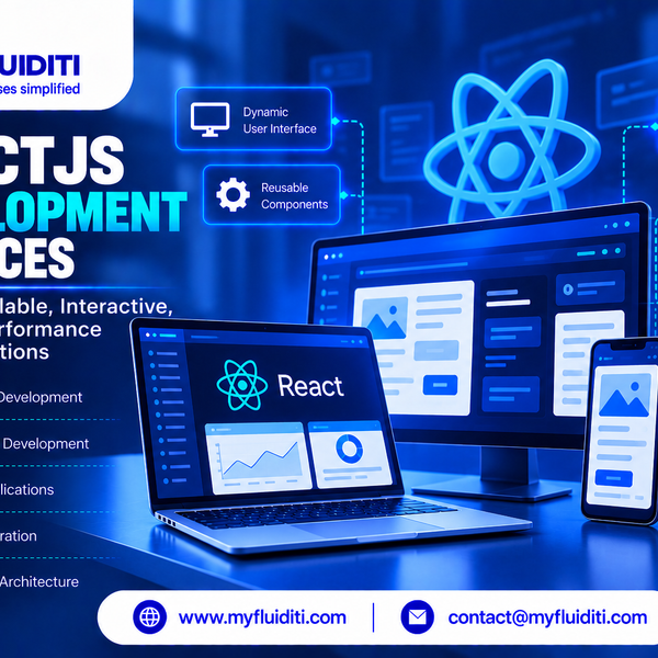 Developer workstation setup with a laptop, desktop monitor, and smartphone displaying responsive React UI dashboards, beside a pen holder and potted plant in front of a glowing 3D React atom logo and network feature nodes.