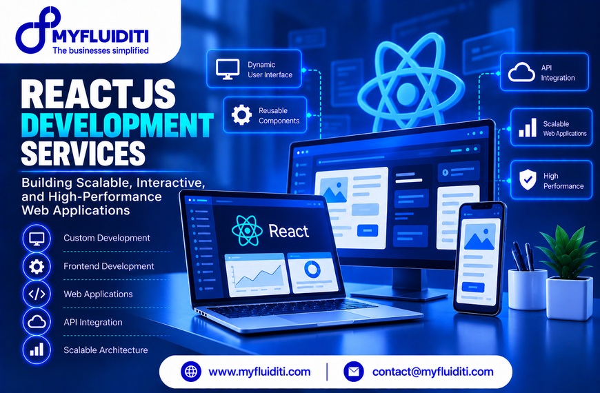 Developer workstation setup with a laptop, desktop monitor, and smartphone displaying responsive React UI dashboards, beside a pen holder and potted plant in front of a glowing 3D React atom logo and network feature nodes.