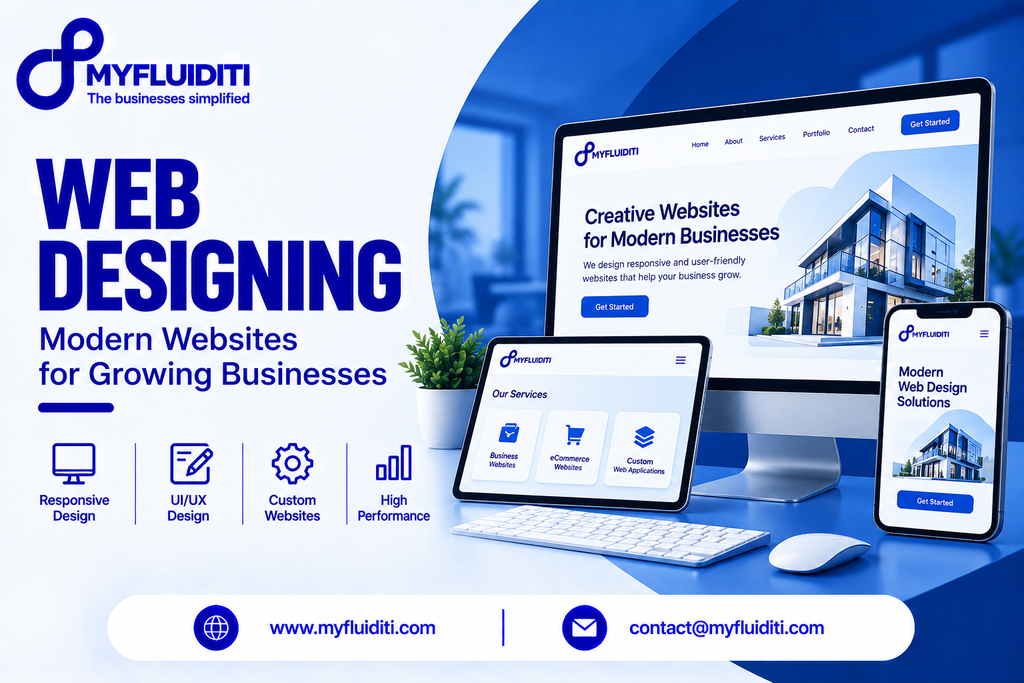 Responsive web design showcase displaying an architecture business website across a desktop monitor, a tablet with an external keyboard, and a smartphone on a clean blue desk setup.