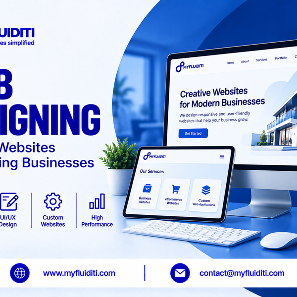 Responsive web design showcase displaying an architecture business website across a desktop monitor, a tablet with an external keyboard, and a smartphone on a clean blue desk setup.