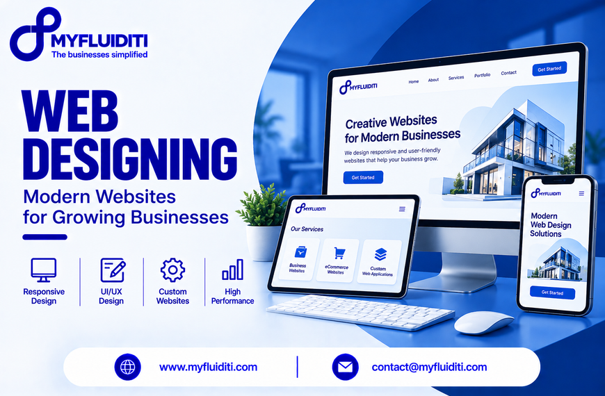 Responsive web design showcase displaying an architecture business website across a desktop monitor, a tablet with an external keyboard, and a smartphone on a clean blue desk setup.