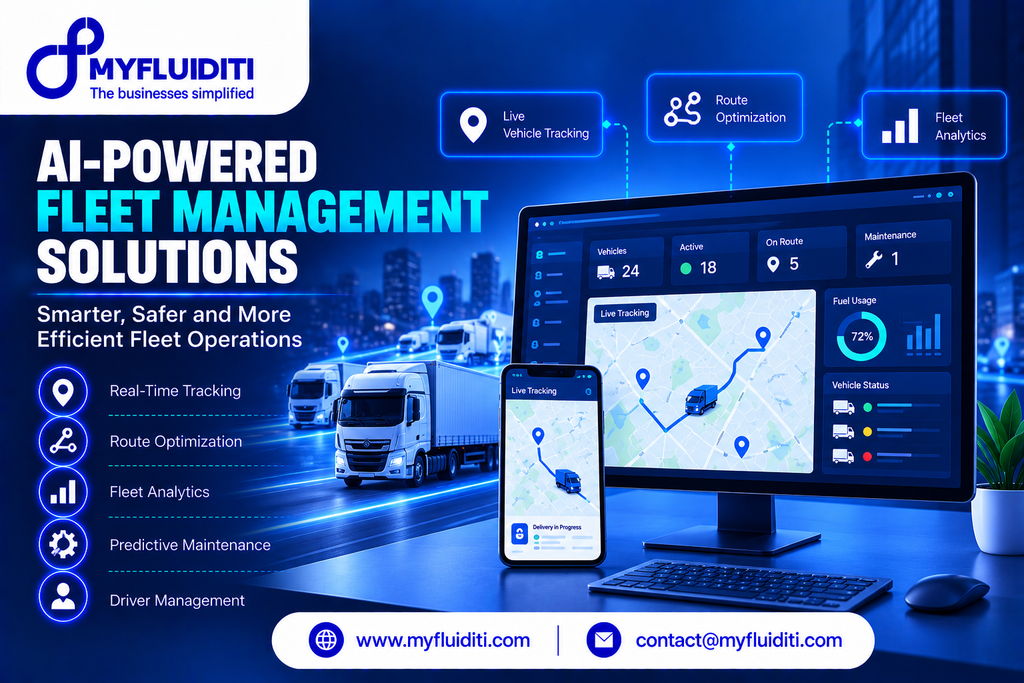 A desktop monitor and smartphone displaying an AI fleet tracking dashboard with live map routes, positioned beside modern commercial cargo trucks traveling along an illuminated highway against a nighttime city skyline.