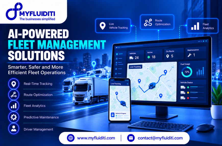 A desktop monitor and smartphone displaying an AI fleet tracking dashboard with live map routes, positioned beside modern commercial cargo trucks traveling along an illuminated highway against a nighttime city skyline.