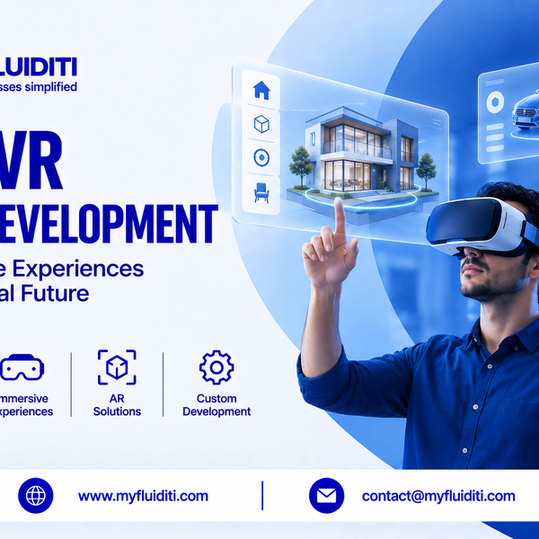 A man wearing a VR headset interacts with floating holographic displays showcasing 3D models of modern architecture, a blue car, and furniture against a bright blue background.