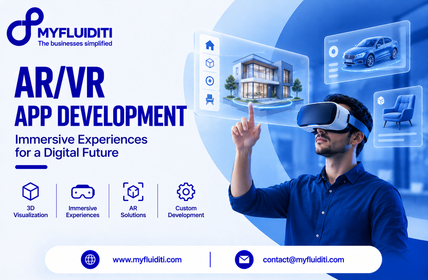 A man wearing a VR headset interacts with floating holographic displays showcasing 3D models of modern architecture, a blue car, and furniture against a bright blue background.