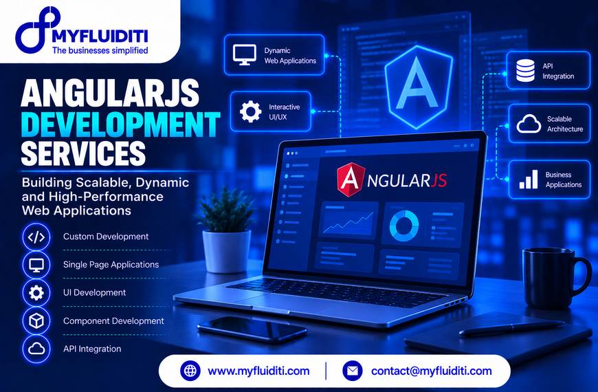 A modern laptop displaying an AngularJS dashboard with analytical charts on a wooden desk, surrounded by glowing tech badges for dynamic applications, API integrations, and scalable architecture against a dark blue background.