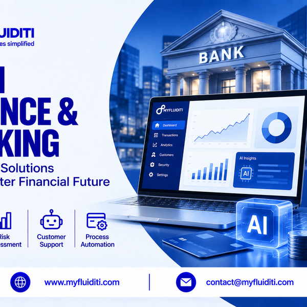 Laptop and smartphone displaying AI-driven banking analytics dashboards, set in front of a classical bank building facade with stacks of silver coins, credit cards, and a glowing blue 3D AI cube badge.