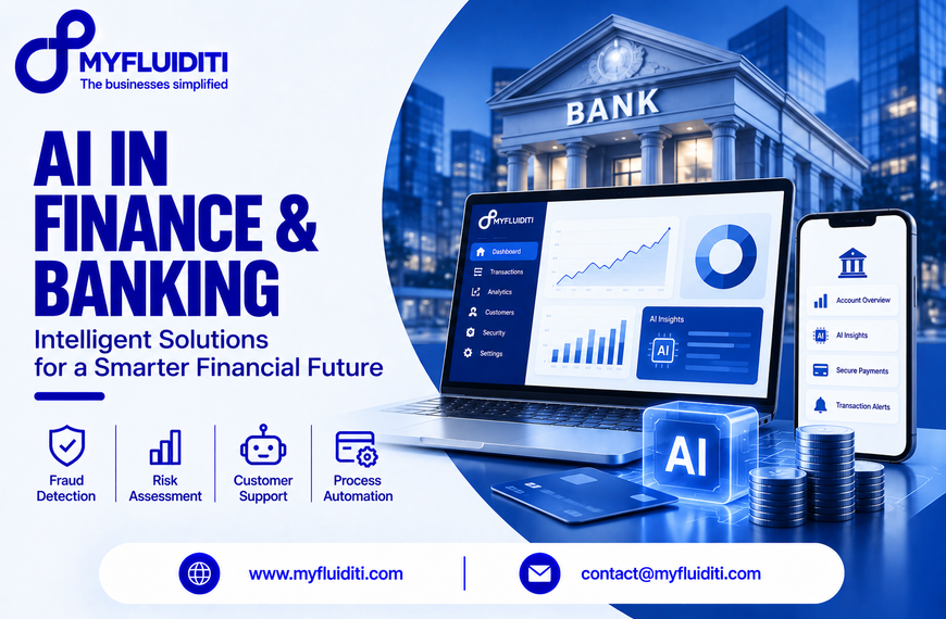 Laptop and smartphone displaying AI-driven banking analytics dashboards, set in front of a classical bank building facade with stacks of silver coins, credit cards, and a glowing blue 3D AI cube badge.